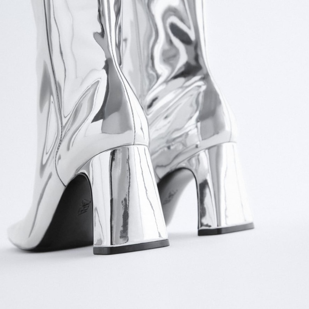 NEW Zara Metallic Heeled Leather Boots - Picture 5 of 10